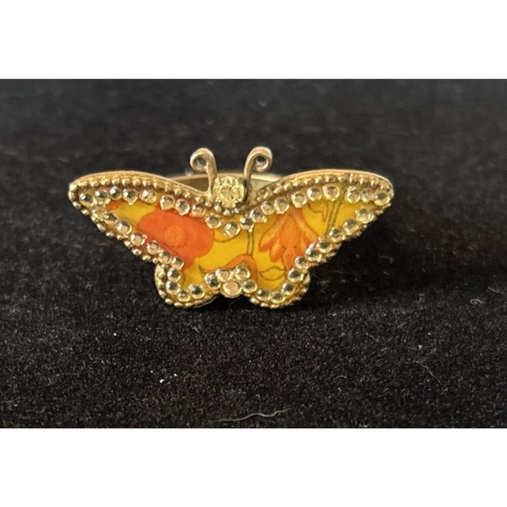Pilgrim Denmark Enamel Butterfly Crystal Ring Bronze Silver Tone Sz 6 Boho
